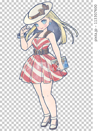 A woman in a striped dress wearing a white hat and smiling 113307600