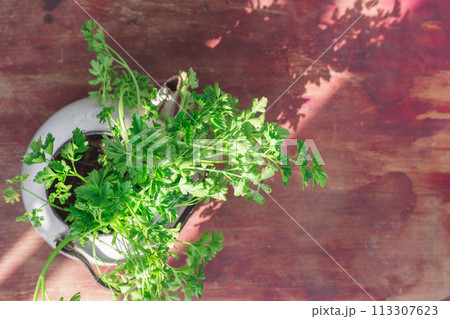 Fresh Italian Parsley in Old Vintage Pot on Wood 113307623