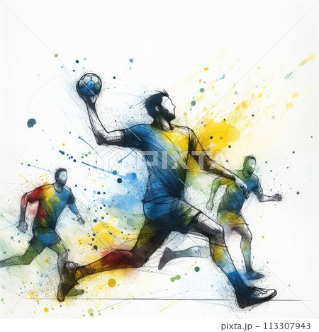 Handball player in watercolor paint illustration with Generative AI. 113307943