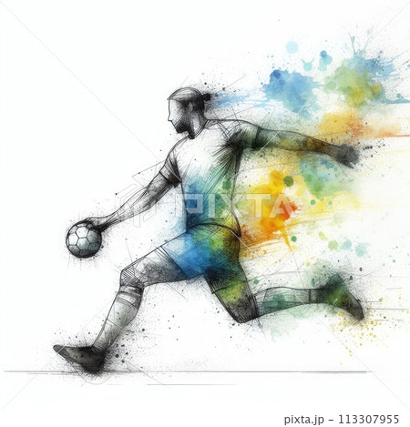 Handball player in watercolor paint illustration with Generative AI. 113307955