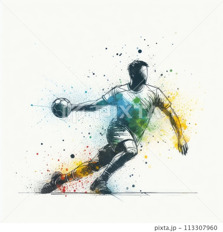 Handball player in watercolor paint illustration with Generative AI. 113307960