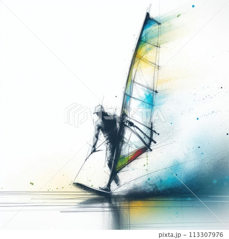 Windsurfing in watercolor paint illustration with Generative AI. 113307976