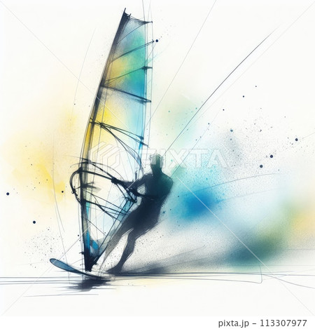 Windsurfing in watercolor paint illustration with Generative AI. 113307977