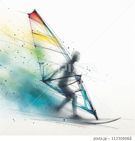 Windsurfing in watercolor paint illustration with Generative AI. 113308068