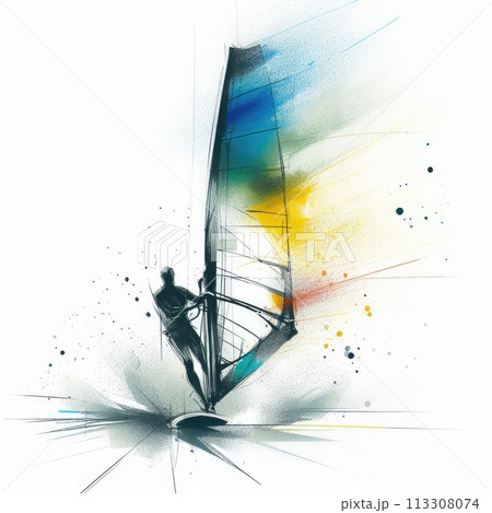 Windsurfing in watercolor paint illustration with Generative AI. 113308074