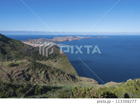 View of Ponta de Sao Lourenco and Island Ilheu da Cevada or Ilheu do Farol, the most easterly point on Madeira - seen from Pico do Facho Viewpoint, Madeira, Portugal 113308277