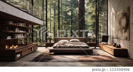 Modern bedroom with forest views and a large library. Panoramic views of the forest. Generative AI 113308406