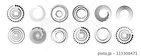 Halftone circular dotted frames set. Set of black thick halftone dotted speed lines. Speed lines in circle form. Geometric art. Vector 113308471