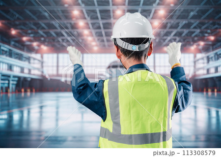 飛行機の格納庫で働くシニアの男性 飛行機の格納庫で働くシニアの男性 113308579