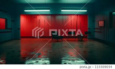 Room with red wall and black chair in the middle of the room. 113309034
