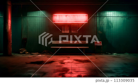 Bench in dark room with neon sign on the wall above it. 113309035