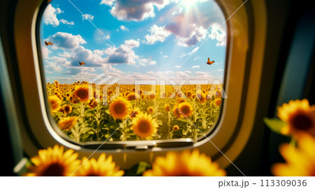 Field of sunflowers with blue sky and clouds in the background. 113309036