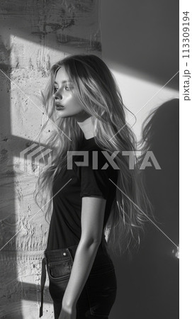 Moody Black and White Aesthetic Grainy Portrait of Sensual Fashionable Young Woman. Retro Vibe Female Model Trendy Photo.  113309194