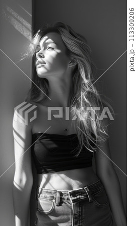 Moody Black and White Aesthetic Grainy Portrait of Sensual Fashionable Young Woman. Retro Vibe Female Model Trendy Photo. Moody Black and White Aesthetic Grainy Portrait of Sensual Fashionable Young Woman. Retro Vibe Female Model Trendy Photo. 113309206