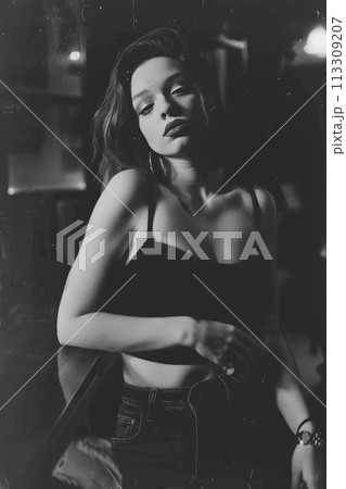 Moody Black and White Aesthetic Grainy Portrait of Sensual Fashionable Young Woman. Retro Vibe Female Model Trendy Photo. Moody Black and White Aesthetic Grainy Portrait of Sensual Fashionable Young Woman. Retro Vibe Female Model Trendy Photo. 113309207