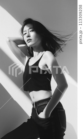 Moody Black and White Aesthetic Grainy Portrait of Sensual Fashionable Young Woman. Retro Vibe Female Model Trendy Photo.  113309208
