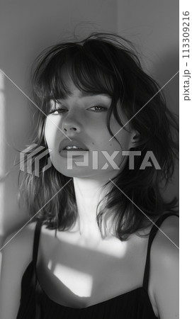 Moody Black and White Aesthetic Grainy Portrait of Sensual Fashionable Young Woman. Retro Vibe Female Model Trendy Photo.  113309216
