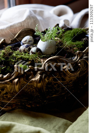 A massive bronze vase on legs with moss, greenery sprouted in an egg. A new life 113309297