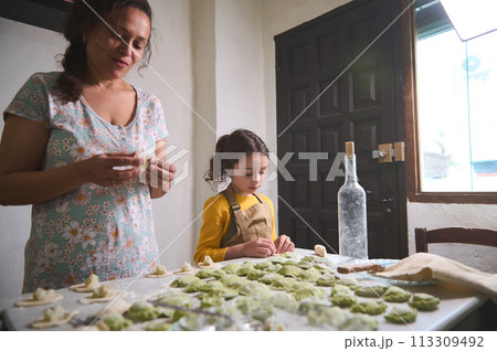 Authentic young pretty woman, mother and her little kid, daughter in the rural kitchen, sculpting dumplings from dough with mashed potatoes filling. Cooking delicious homemade vegetarian dumplings 113309492