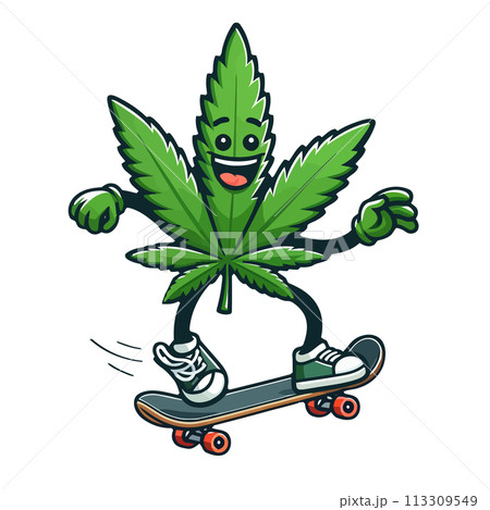 Cartoon cannabis character smiling on skateboard, fun and joy. Isolated on white background. Medicinal marijuana hemp leaf cute character Cartoon cannabis character smiling on skateboard, fun and joy. Isolated on white background. Medicinal marijuana hemp leaf cute character 113309549