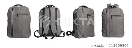 Gray backpacks, bag front, back and side views set, isolated on white background 113309563