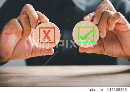 Wooden cubes held by hand, green checkmark and red cross represent yes or no options. Depicts true and false symbols for evaluation purposes. Think With Yes Or No Choice. 113309566