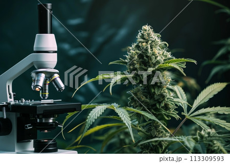 Cannabis and microscope, science background. Concept of research on cannabis for medical purposes 113309593