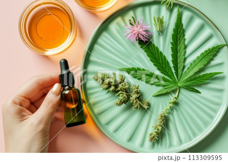 Hand holding hemp cosmetic oil in dropper bottle, plate with hemp bud and leaves on light pastel background. Cosmetic beauty background with medicinal marijuana with CBD, CBN oil 113309595