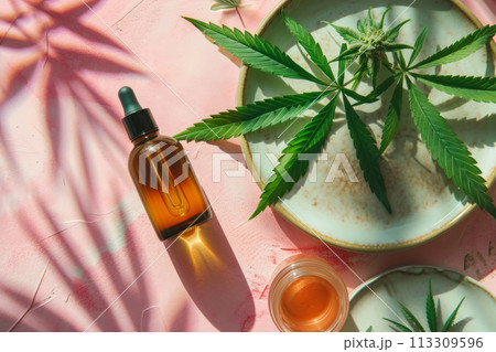 Hemp cosmetic oil in dropper bottle, plate with hemp flowers and leaves on light pink pastel background. Aesthetic background with medicinal marijuana in beauty industry 113309596