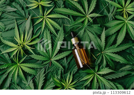 Cosmetic bottle of CBD or CBN oil on background of idealistic cannabis leaves. Marijuana background fill texture with mockup of small pipette dropper bottle, top view 113309612