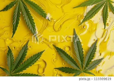 Cannabis leaves floating in cannabis yellow oil, background. Fresh hemp extracted oil with green marijuana leaves. Background for cosmetic products based on hemp 113309619