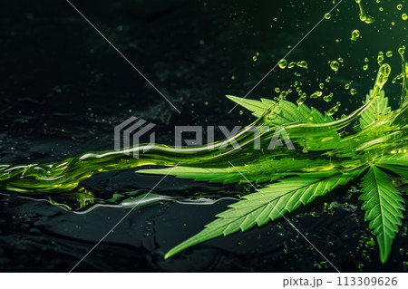 Cannabis leaf and cannabis green oil long horizontal splash on background, studio shot style. leaf. For cosmetic products based on hemp Cannabis leaf and cannabis green oil long horizontal splash on background, studio shot style. leaf. For cosmetic products based on hemp 113309626