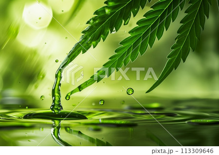 Cannabis leaf and cannabis green oil. Dripping cosmetic hemp oil from marijuana leaf. For cosmetic products based on hemp 113309646