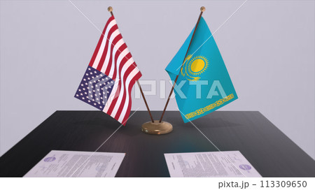 Kazakhstan and USA at negotiating table. Business and politics 3D illustration. National flags, diplomacy deal. International agreement 113309650