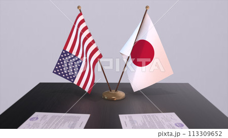 Japan and USA at negotiating table. Business and politics 3D illustration. National flags, diplomacy deal. International agreement Japan and USA at negotiating table. Business and politics 3D illustration. National flags, diplomacy deal. International agreement 113309652