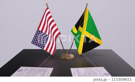 Jamaica and USA at negotiating table. Business and politics 3D illustration. National flags, diplomacy deal. International agreement 113309653