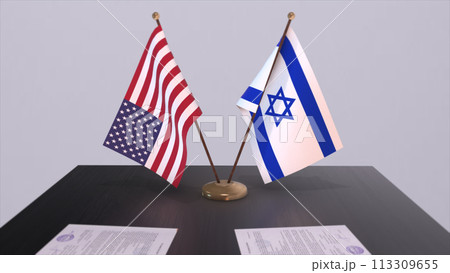 Israel and USA at negotiating table. Business and politics 3D illustration. National flags, diplomacy deal. International agreement 113309655
