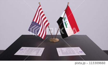 Iraq and USA at negotiating table. Business and politics 3D illustration. National flags, diplomacy deal. International agreement 113309660