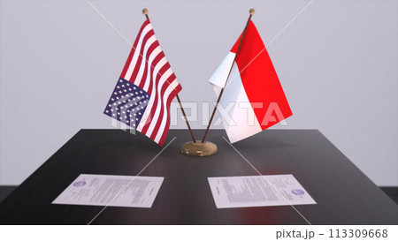 Indonesia and USA at negotiating table. Business and politics 3D illustration. National flags, diplomacy deal. International agreement 113309668