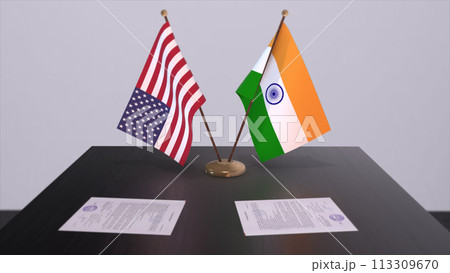 India and USA at negotiating table. Business and politics 3D illustration. National flags, diplomacy deal. International agreement 113309670