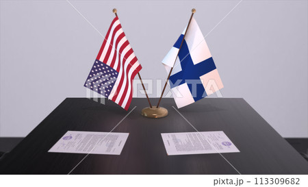 Finland and USA at negotiating table. Business and politics 3D illustration. National flags, diplomacy deal. International agreement 113309682