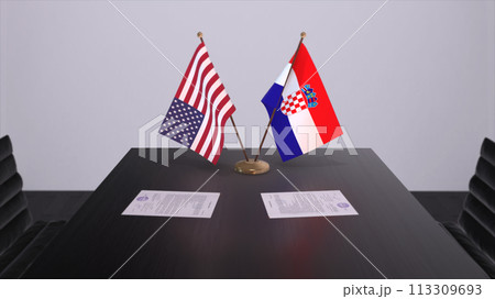 Croatia and USA at negotiating table. Business and politics 3D illustration. National flags, diplomacy deal. International agreement 113309693