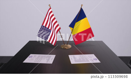 Chad and USA at negotiating table. Business and politics 3D illustration. National flags, diplomacy deal. International agreement 113309698