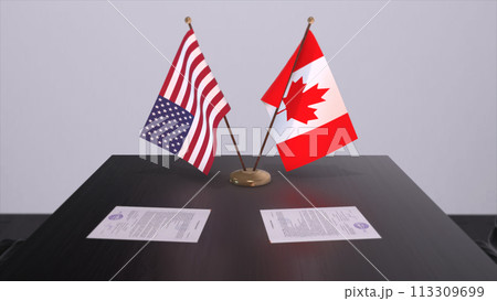 Canada and USA at negotiating table. Business and politics 3D illustration. National flags, diplomacy deal. International agreement 113309699
