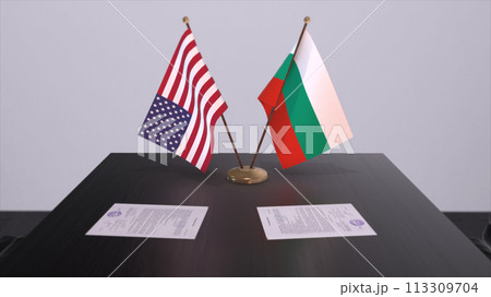 Bulgaria and USA at negotiating table. Business and politics 3D illustration. National flags, diplomacy deal. International agreement 113309704