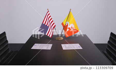 Bhutan and USA at negotiating table. Business and politics 3D illustration. National flags, diplomacy deal. International agreement 113309709