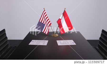 Austria and USA at negotiating table. Business and politics 3D illustration. National flags, diplomacy deal. International agreement 113309717