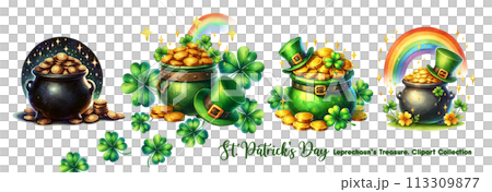 St. Patrick's Day clipart set of Leprechaun's treasures in cauldron, pot and treasure chest. Illustration in watercolor style isolated on transparent background. With lucky rainbow, shamrock and gold 113309877
