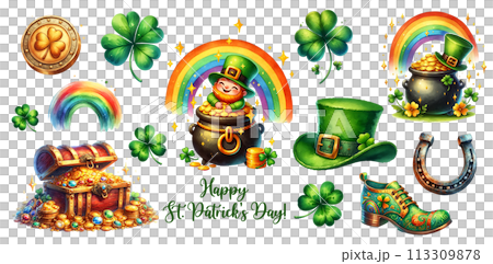 St. Patrick's Day clipart set elements in watercolor style isolate on transparent background. Leprechaun's pot with gold and lucky rainbow, Shamrock and cute Leprechaun character in hat with treasures 113309878