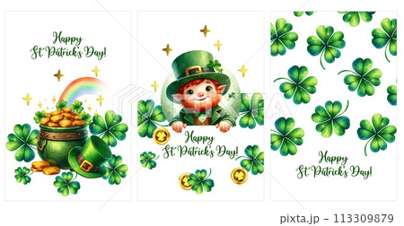 St. Patrick's Day greeting cards set isolated transparent background. Leprechaun's pot with gold and lucky rainbow, Shamrock and cute Leprechaun character. Festive design template for banner, poster 113309879